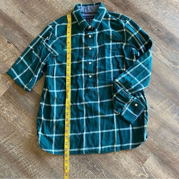 Tommy Hilfiger Shirt Plaid Popover Half Button Down Top Green - Picture 9 of 13